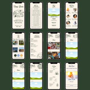 May include: A mobile phone screen displaying a bachelorette party itinerary for a weekend camping trip. The itinerary includes details about the theme, attire, and activities for each day. The screen also includes a packing list and contact information.