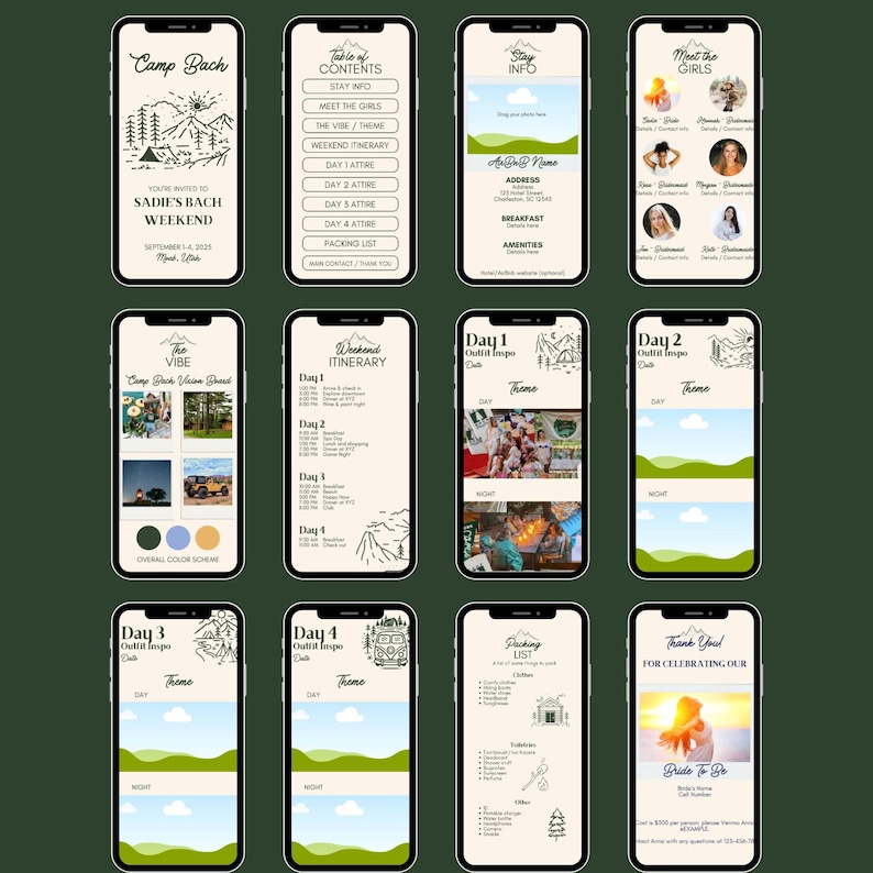 May include: A mobile phone screen displaying a bachelorette party itinerary for a weekend camping trip. The itinerary includes details about the theme, attire, and activities for each day. The screen also includes a packing list and contact information.