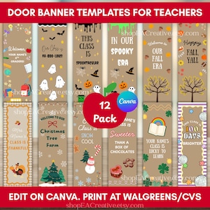 May include: A collection of 12 vertical door banner templates for teachers, featuring various seasonal themes including Halloween, fall, Christmas, and school events. Each banner displays unique graphics, text, and patterns on a tan background.