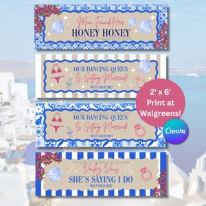 May include: Four rectangular banners featuring blue and white tile patterns, stripes, disco balls, pink bougainvillea, and text including Mia Found Her HONEY HONEY, OUR DANCING QUEEN Is Getting Married, and Voulez Vous SHE'S SAYING I DO, with a 2' x 6' label.