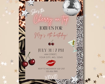 Kirsch Geparden Print Geburtstagseinladung: personalisierbare Disco Party Einladung, Canva Template, Instant Download, let's get wild, leopard