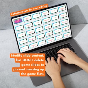 Puede incluir: Una computadora port&aacute;til que muestra una presentaci&oacute;n con m&uacute;ltiples diapositivas, dise&ntilde;ada para una f&aacute;cil edici&oacute;n. La pantalla muestra una cuadr&iacute;cula de diapositivas con texto y gr&aacute;ficos. El texto en la pantalla dice "P&aacute;ginas etiquetadas para una f&aacute;cil edici&oacute;n" y "Modificar el contenido de la diapositiva, pero NO elimine las diapositivas del juego para evitar estropear el flujo del juego."