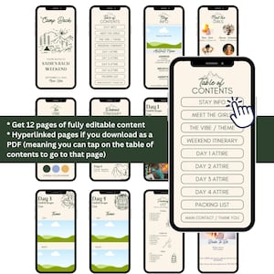 May include: A digital planner for a hen do with a camping theme. The planner includes a table of contents, stay info, meet the girls, the vibe/theme, weekend itinerary, day 1 attire, day 2 attire, day 3 attire, day 4 attire, packing list, and main contact/thank you.