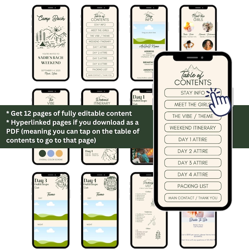 May include: A digital planner for a hen do with a camping theme. The planner includes a table of contents, stay info, meet the girls, the vibe/theme, weekend itinerary, day 1 attire, day 2 attire, day 3 attire, day 4 attire, packing list, and main contact/thank you.