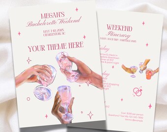 Bewerkbare sjabloon gids reisroute vrijgezellenfeest: elk thema, digitale uitnodiging, canva, vrijgezellenreis, weekend, cocktails, aanpasbaar
