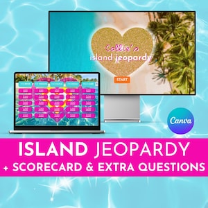 Puede incluir: Una pantalla de juego digital con "Callie's Island Jeopardy" en un monitor y una computadora port&aacute;til. El monitor muestra un coraz&oacute;n dorado con texto, y la computadora port&aacute;til muestra un tablero de juego. La imagen incluye el logotipo de Canva y el texto "Island Jeopardy + Scorecard & Extra Questions."
