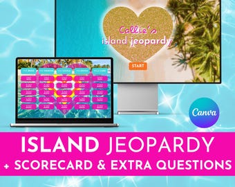 Juego de despedida de soltera Jeopardy de la Isla de Bach: Plantilla editable de Canva (descarga digital), temática de verano tropical