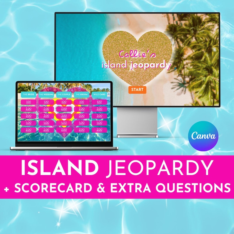 Puede incluir: Una pantalla de juego digital con "Callie's Island Jeopardy" en un monitor y una computadora port&aacute;til. El monitor muestra un coraz&oacute;n dorado con texto, y la computadora port&aacute;til muestra un tablero de juego. La imagen incluye el logotipo de Canva y el texto "Island Jeopardy + Scorecard & Extra Questions."
