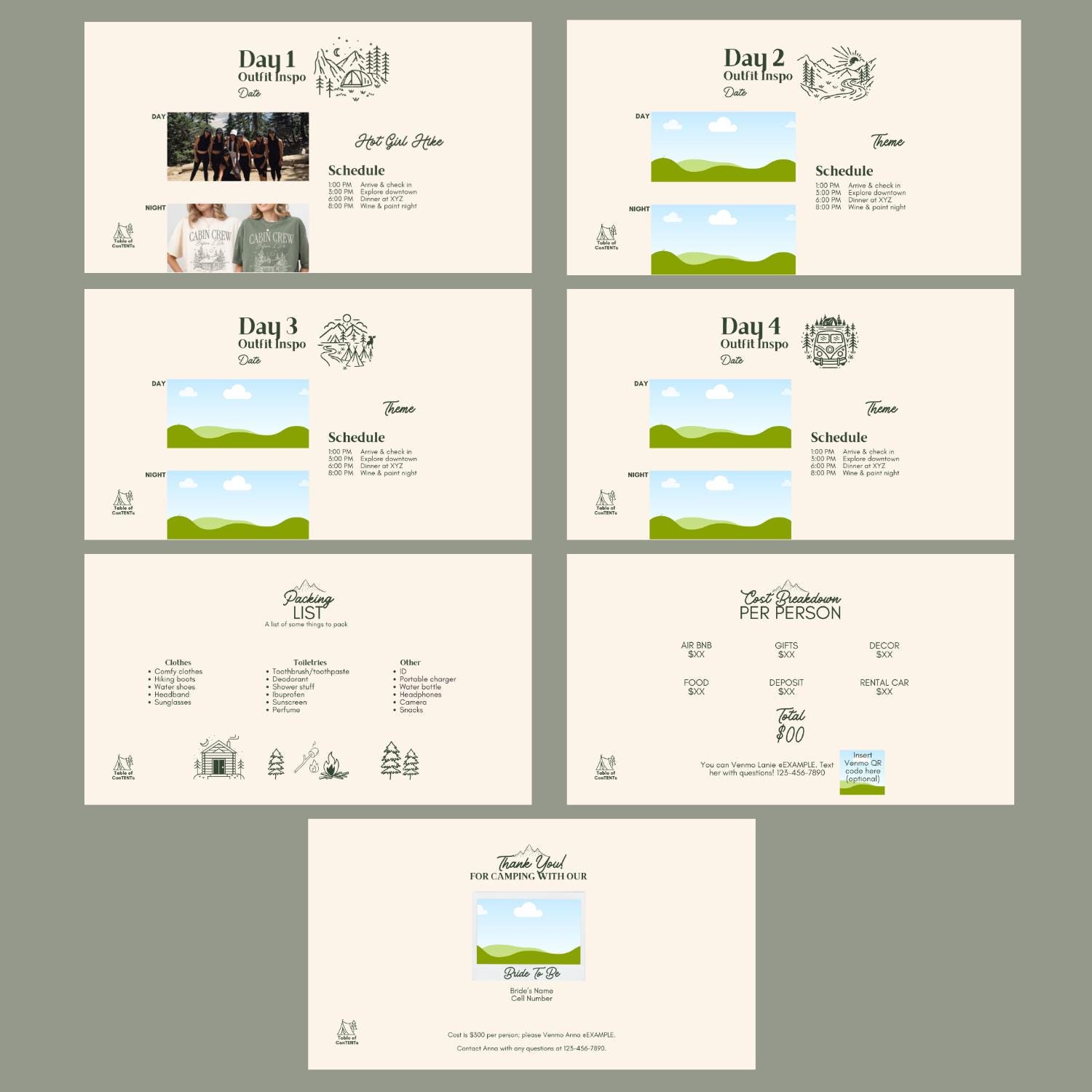 Camp Bachelorette, Powerpoint Template, Itinerary, Digital Mobile