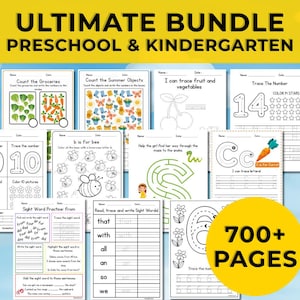Könnte beinhalten: Eine Sammlung von Arbeitsblättern für Vorschule und Kindergarten. Die Arbeitsblätter umfassen das Nachzeichnen von Zahlen und Buchstaben, Zählen und das Üben von Wörtern. Der Text "ULTIMATE BUNDLE PRESCHOOL & KINDERGARTEN" und "700+ PAGES" ist auf dem Bild zu sehen.