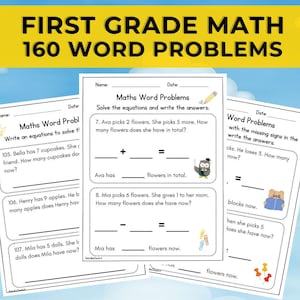May include: A set of three worksheets for first grade math word problems. The worksheets feature addition and subtraction problems with illustrations. The title bar reads "FIRST GRADE MATH 160 WORD PROBLEMS".