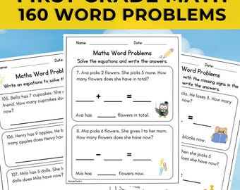 160 1st Grade Math Word Problems. 70 Pages Printable Worksheets. Addition, Subtraction & Problem Solving. Homeschool 1st Grade Math Workbook