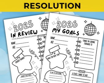 New Year’s Resolution Printable for Kids – Year in Review and Goals for the Year, New Year’s Coloring Page, Kids New Year’s Activity PDF