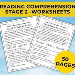 Può includere: Due fogli di lavoro con domande di comprensione della lettura, intitolati "The Trouble with the Phone" e "Tom and the Super Fast Car". I fogli di lavoro sono bianchi con testo nero. Un cerchio giallo con "50 PAGES" si trova in basso a destra. Lo sfondo è un cielo blu con nuvole.