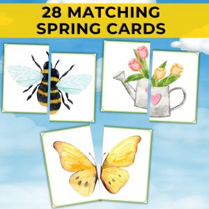 May include: Matching spring cards featuring a bee, watering can with tulips, and a yellow butterfly. The cards are divided into two pieces, creating a puzzle. The text "28 MATCHING SPRING CARDS" is displayed at the top.