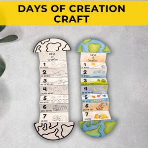 May include: Two paper crafts labeled "Days of Creation Craft" with illustrations of the creation story. One is black and white, the other is colored. The crafts have a curved top and bottom with the days of creation listed.