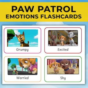 26 tarjetas de emociones de la Patrulla Canina. Tarjetas imprimibles de emociones para niños. Aprendizaje socioemocional. Set PDF para preescolar y niños pequeños.