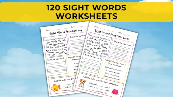 120 Sight Words Worksheets. 120 High frequency words. 120 Tricky words. Kindergarten-1st Grade Sight Words Worksheets. Printable Worksheets.