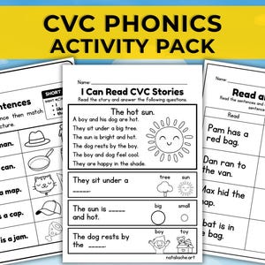 CVC Reading Worksheets pdf | Short Stories, Sentence Match, Read, Draw | Phonics Activities. CVC Sentences. CVC Reading Stories.