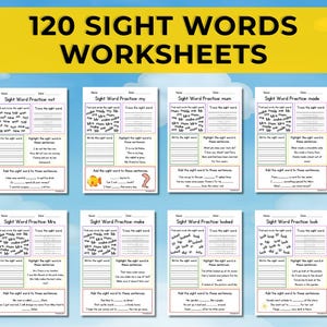 May include: A collection of 120 sight word worksheets for early learners. Each worksheet features practice exercises for tracing, writing, and using sight words in sentences. The worksheets are arranged on a blue sky background with a yellow banner.