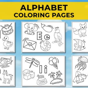 May include: Alphabet coloring pages featuring illustrations of various objects and animals, each corresponding to a letter of the alphabet. Includes images of a dinosaur, dog, diamond, drum, duck, elephant, eagle, and more. The text "ALPHABET COLORING PAGES" is at the top.