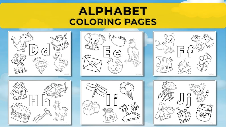 May include: Alphabet coloring pages featuring illustrations of various objects and animals, each corresponding to a letter of the alphabet. Includes images of a dinosaur, dog, diamond, drum, duck, elephant, eagle, and more. The text "ALPHABET COLORING PAGES" is at the top.