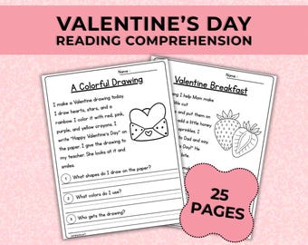 Schede di comprensione della lettura per San Valentino. Livello 1 per i primi lettori. Semplici storie di San Valentino. 25 pagine in formato PDF stampabile.