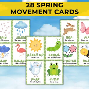May include: Set of 28 Spring Movement Cards with illustrations and text. Each card features a different movement, such as "Spin like a falling petals" and "Hop like a bunny." The cards have a green border and are set against a blue sky background.