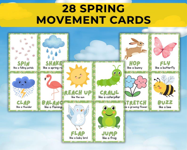 May include: Set of 28 Spring Movement Cards with illustrations and text. Each card features a different movement, such as "Spin like a falling petals" and "Hop like a bunny." The cards have a green border and are set against a blue sky background.