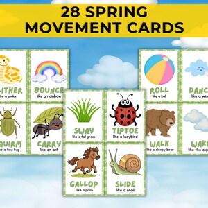 May include: A set of 28 Spring Movement Cards with illustrations of animals and objects. Each card features a movement like "Slither like a snake" or "Bounce like a rainbow." The cards are designed with a green floral border.