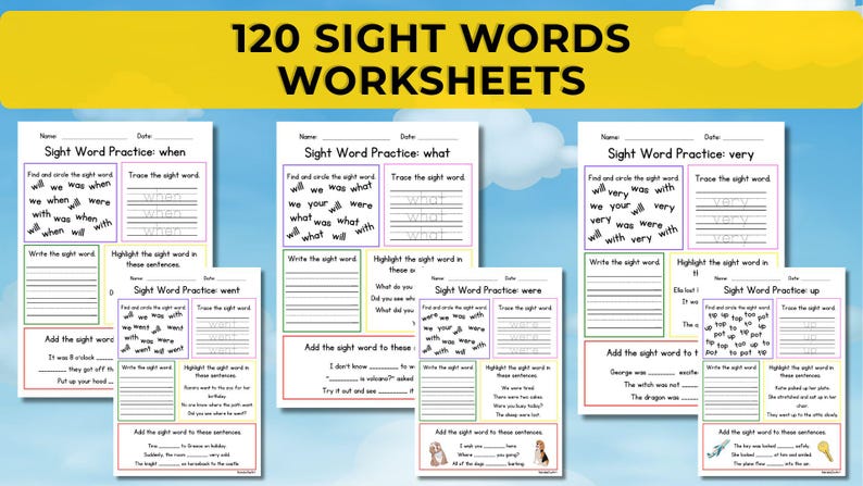 May include: A collection of educational worksheets for learning sight words. The worksheets feature exercises like tracing, circling, and sentence completion. The title at the top reads "120 Sight Words Worksheets."