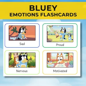 Flashcards Bluey Emotions – 26 Cartões de Sentimentos para Imprimir para Crianças – Aprendizagem Sócioemocional – Conjunto de PDF para Pré-Escola e Crianças Pequenas