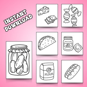 May include: A set of nine black and white line drawings of various food items, including a jar of pickles, a taco, a jar of peanut butter, a bag of flour, a hot dog, cheese, and candy. The drawings are on a pink background with the text "INSTANT DOWNLOAD" in black.