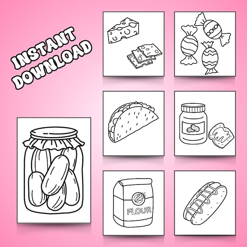 May include: A set of nine black and white line drawings of various food items, including a jar of pickles, a taco, a jar of peanut butter, a bag of flour, a hot dog, cheese, and candy. The drawings are on a pink background with the text "INSTANT DOWNLOAD" in black.