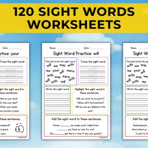 May include: Educational worksheet set for learning sight words. The worksheets feature exercises like circling, tracing, and sentence completion. The title reads "120 Sight Words Worksheets". The background is a blue sky with clouds.