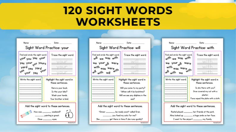 May include: Educational worksheet set for learning sight words. The worksheets feature exercises like circling, tracing, and sentence completion. The title reads "120 Sight Words Worksheets". The background is a blue sky with clouds.