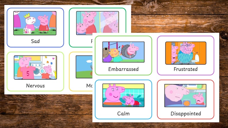 Pu&ograve; includere: Un set di flashcard educative con i personaggi di Peppa Pig che illustrano varie emozioni. Ogni carta mostra una scena colorata con un'etichetta specifica sotto, tra cui Sad, Nervous, Embarrassed, Frustrated, Calm e Disappointed.