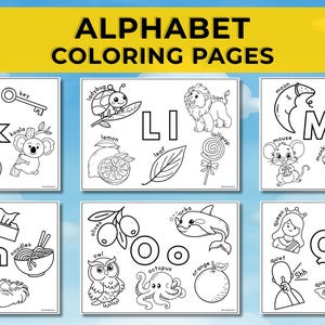 May include: Alphabet coloring pages featuring illustrations of objects and animals, each representing a letter. The pages include images of a kangaroo, kiwi, koala, lemon, leaf, lion, and more. The text "ALPHABET COLORING PAGES" is at the top.