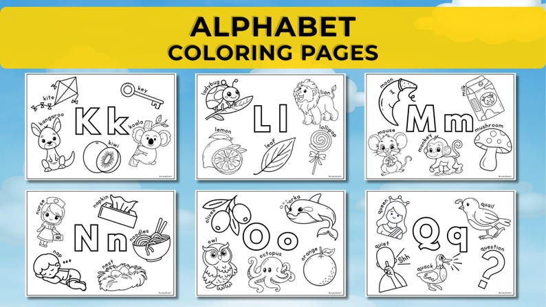 May include: Alphabet coloring pages featuring illustrations of objects and animals, each representing a letter. The pages include images of a kangaroo, kiwi, koala, lemon, leaf, lion, and more. The text "ALPHABET COLORING PAGES" is at the top.