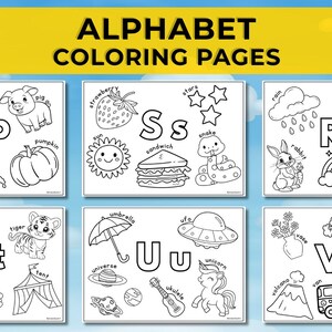 May include: Alphabet coloring pages featuring various illustrations for each letter. The pages include images of a parrot, panda, pizza, pumpkin, strawberry, sun, sandwich, snake, rain, rabbit, rocket, robot, tomato, tiger, turtle, tent, umbrella, UFO, unicorn, volcano, vegetables, and vest.
