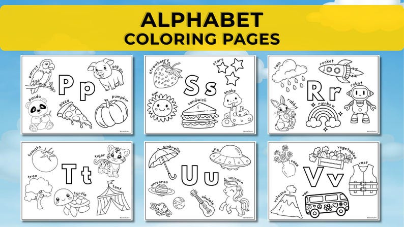May include: Alphabet coloring pages featuring various illustrations for each letter. The pages include images of a parrot, panda, pizza, pumpkin, strawberry, sun, sandwich, snake, rain, rabbit, rocket, robot, tomato, tiger, turtle, tent, umbrella, UFO, unicorn, volcano, vegetables, and vest.