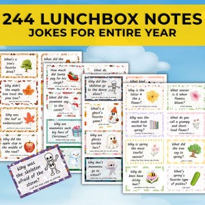 Könnte beinhalten: Eine Sammlung von Lunchbox-Notizen mit Witzen für das ganze Jahr. Die Notizen zeigen verschiedene Illustrationen und Fragen, mit dem Text "244 LUNCHBOX NOTES JOKES FOR ENTIRE YEAR" oben. Eine Notiz lautet "Why was the skeleton afraid of the storm?"