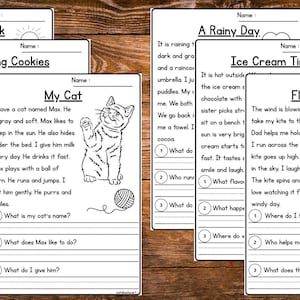 Pu&ograve; includere: Una raccolta di fogli di lavoro per bambini in bianco e nero con vari temi, tra cui "Al parco", "Cucinare biscotti", "Il mio gatto", "Un giorno di pioggia", "L'ora del gelato" e "Far volare un aquilone". Ogni foglio presenta domande a completamento.