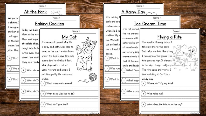 Pu&ograve; includere: Una raccolta di fogli di lavoro per bambini in bianco e nero con vari temi, tra cui "Al parco", "Cucinare biscotti", "Il mio gatto", "Un giorno di pioggia", "L'ora del gelato" e "Far volare un aquilone". Ogni foglio presenta domande a completamento.