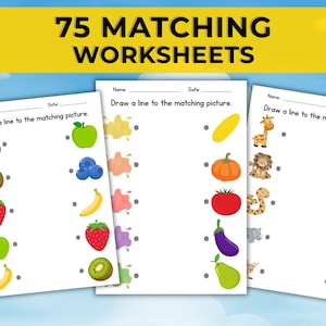 May include: Three worksheets with matching exercises for kids. The worksheets feature colorful illustrations of fruits, vegetables, and animals. The text "75 MATCHING WORKSHEETS" is displayed in a yellow banner at the top. The background is a blue sky with clouds.
