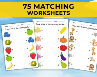 75 Printable Matching Worksheets.  Match the Picture. Kindergarten Preschool Activity. Busybook. Educational Pages. Preschool Worksheets.