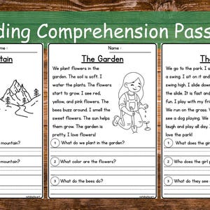 Pu&ograve; includere: Passi di comprensione della lettura educativa per bambini. L'immagine mostra tre fogli di lavoro con brevi storie su una montagna, un giardino e un parco, ognuno con domande.