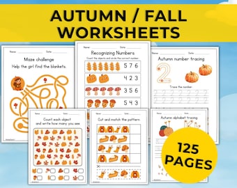 May include: A collection of autumn-themed worksheets with various activities, including mazes, number recognition, tracing, and pattern matching. The worksheets feature illustrations of pumpkins, leaves, and other fall elements. The image includes the text "AUTUMN / FALL WORKSHEETS" and "125 PAGES".