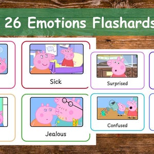 Pu&ograve; includere: Un set di 26 flashcard sulle emozioni con i personaggi di Peppa Pig in varie situazioni. Ogni carta mostra un'illustrazione colorata dei personaggi con la relativa etichetta dell'emozione: Curious, Sick, Surprised, Silly, Hungry, Jealous, Confused e Scared.