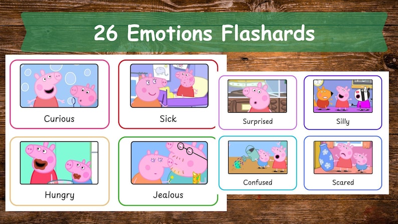 Pu&ograve; includere: Un set di 26 flashcard sulle emozioni con i personaggi di Peppa Pig in varie situazioni. Ogni carta mostra un'illustrazione colorata dei personaggi con la relativa etichetta dell'emozione: Curious, Sick, Surprised, Silly, Hungry, Jealous, Confused e Scared.